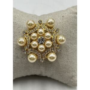 JOAN RIVERS Vintage‎ Faux Pearls Rhinestones Gold Tone Statement Brooch